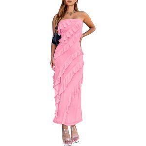 Women Summer Elegant Strapless Midi Ruched Bodycon Dress Solid Color Stretch